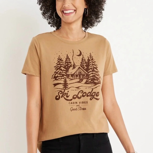 Maurices Tan & Brown Ski Lodge Velvet Graphic Short Sleeve Tee Large Women’s - Picture 1 of 12